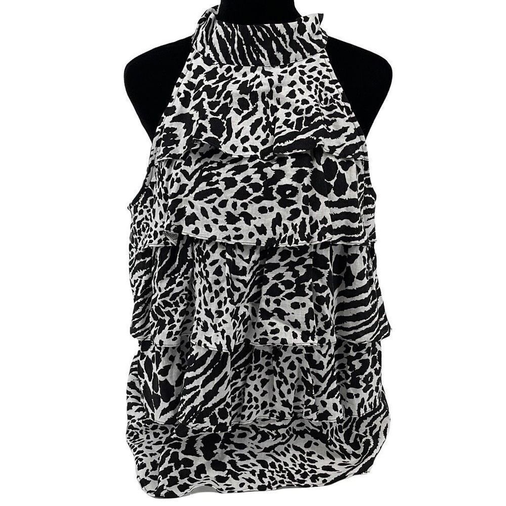 Elena Solano Mock Sleeveless Ruffle Animal Print Linen Blend Top Large Black Whi